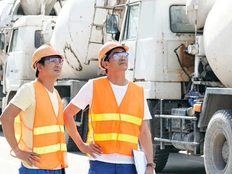 Smiling contractors walking along rows of concrete mixer trucks and planning working day at construction site