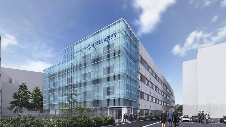 Image of Cellares’ first Asian cell therapy facility which is a blue window based building with blue skies and trees.