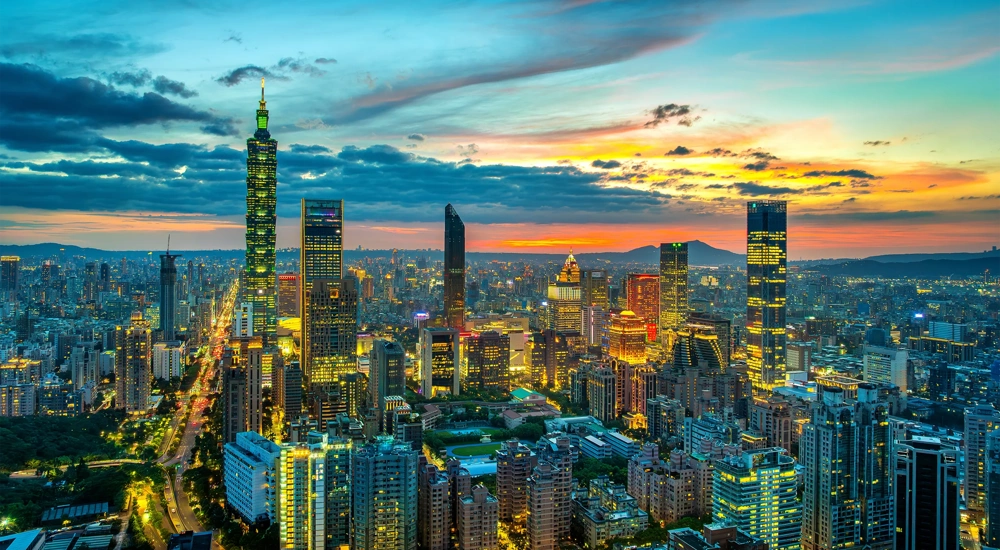 Aerial shots of Downtown at twilight, Taiwan.