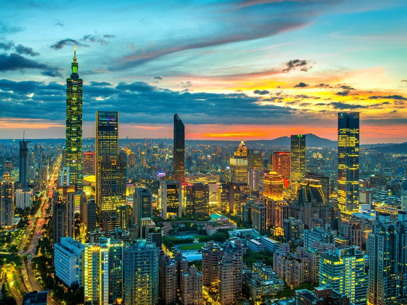 Aerial shots of Downtown at twilight, Taiwan.