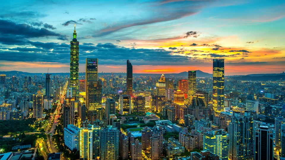 Aerial shots of Downtown at twilight, Taiwan.