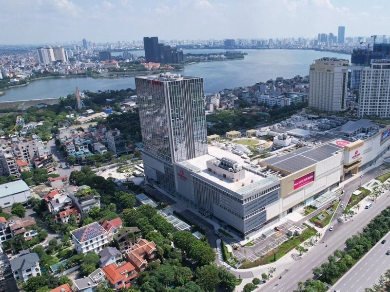 Aerial shot of Lotte Mall West Lake in Hanoi, Vietnam