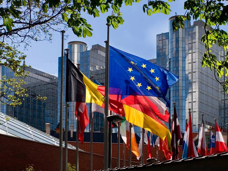 The European union flag with the flags in the European union behind it in a line