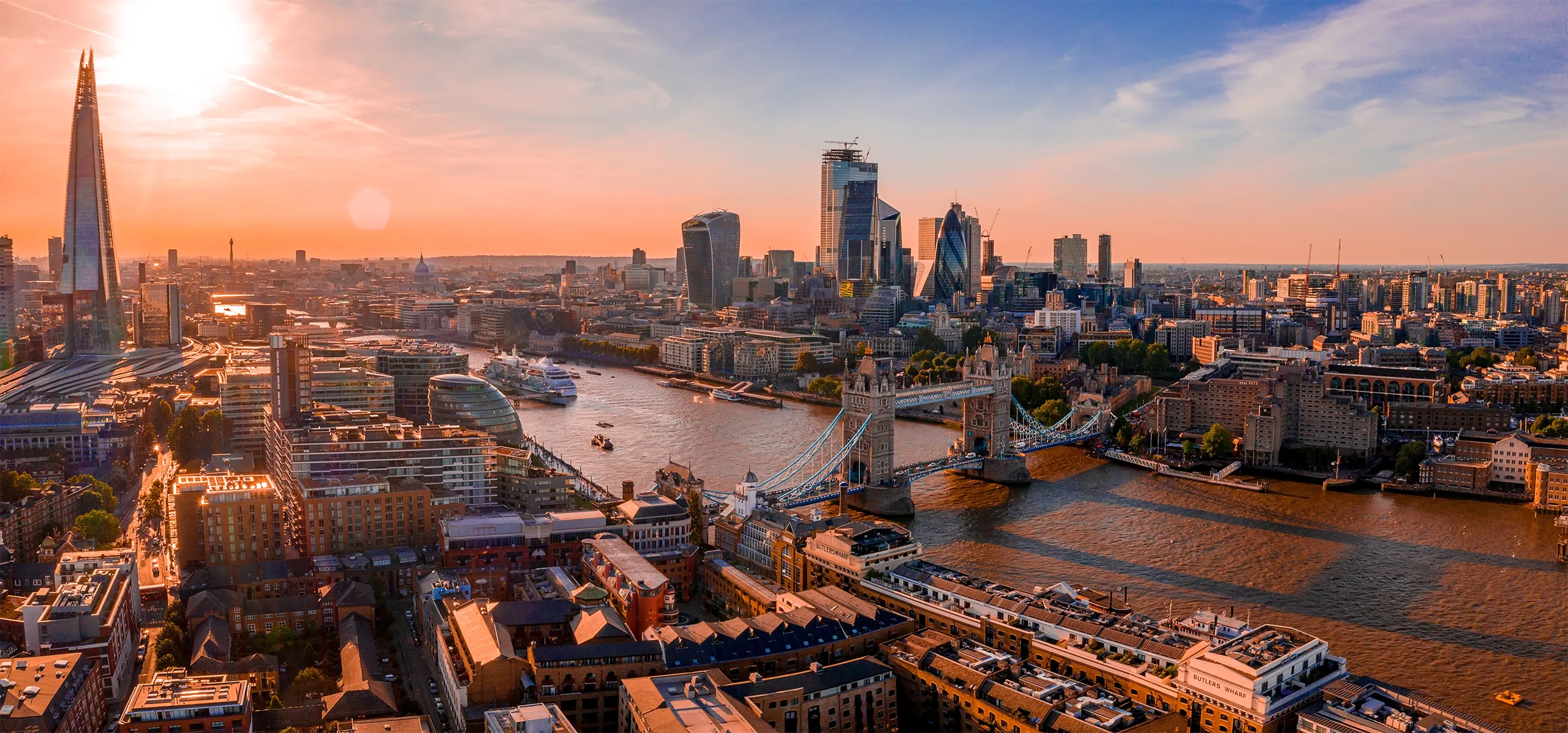 Aerial view of London Shard skyscrapers near the Tower Bridge.