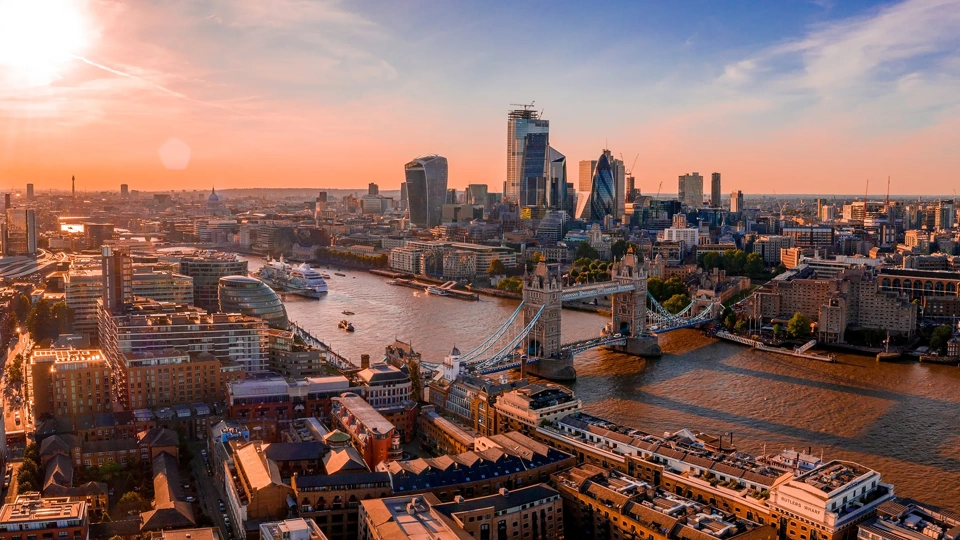 Aerial view of London Shard skyscrapers near the Tower Bridge.