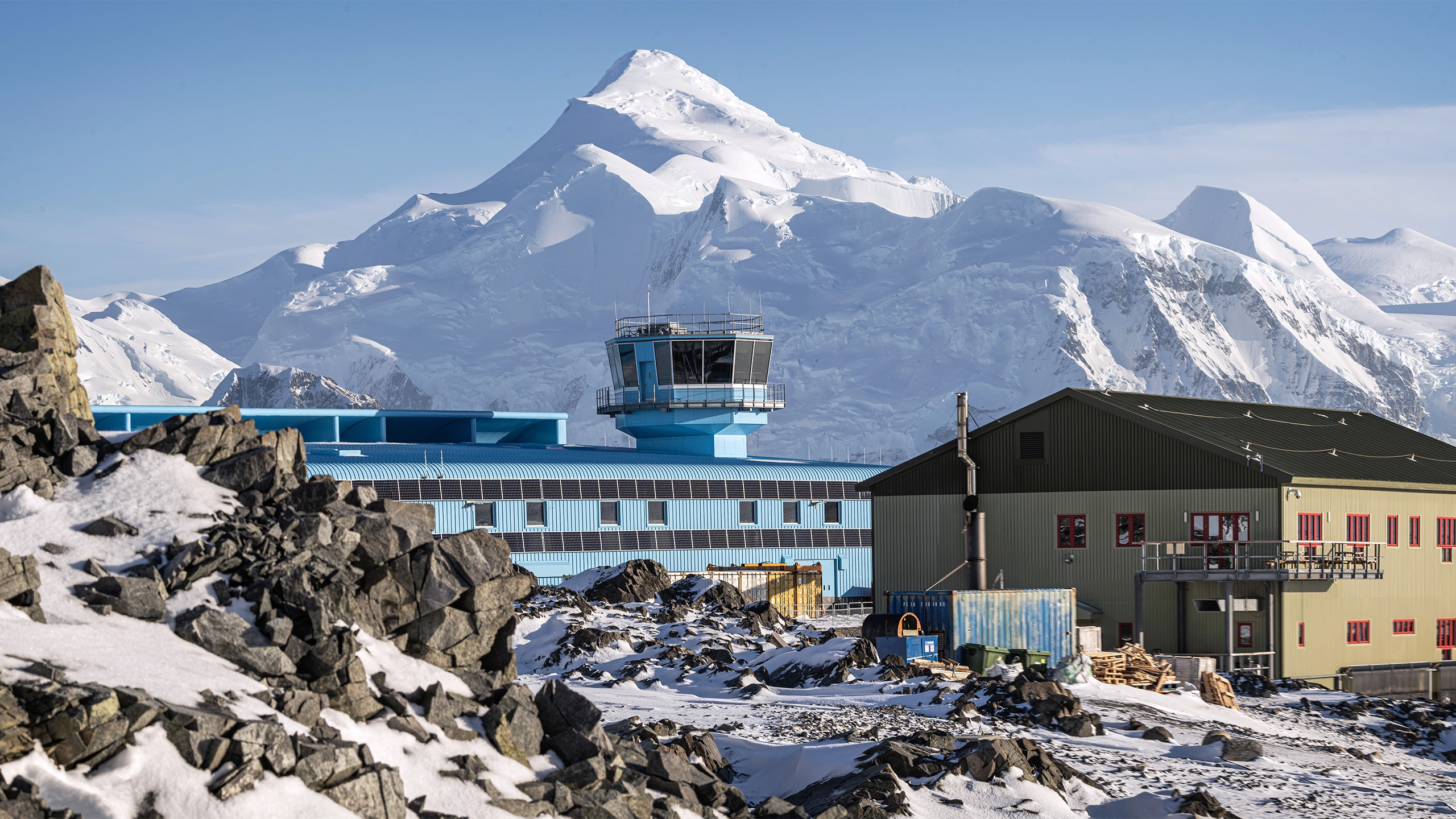  British Antarctic Survey Discovery Building, view with Mt Liotard