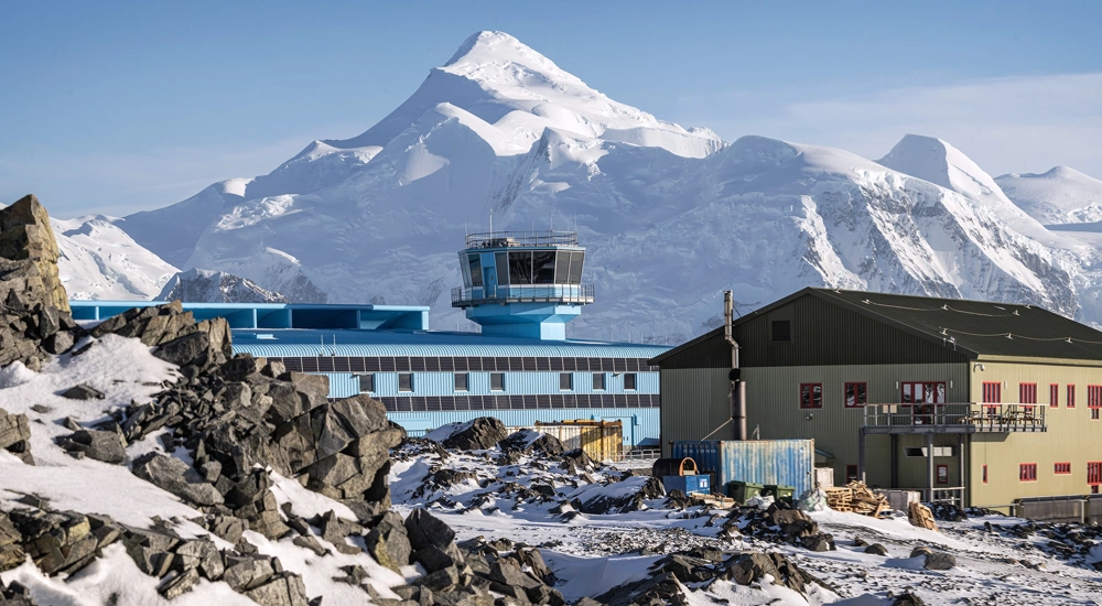 British Antarctic Survey Discovery Building, view with Mt Liotard