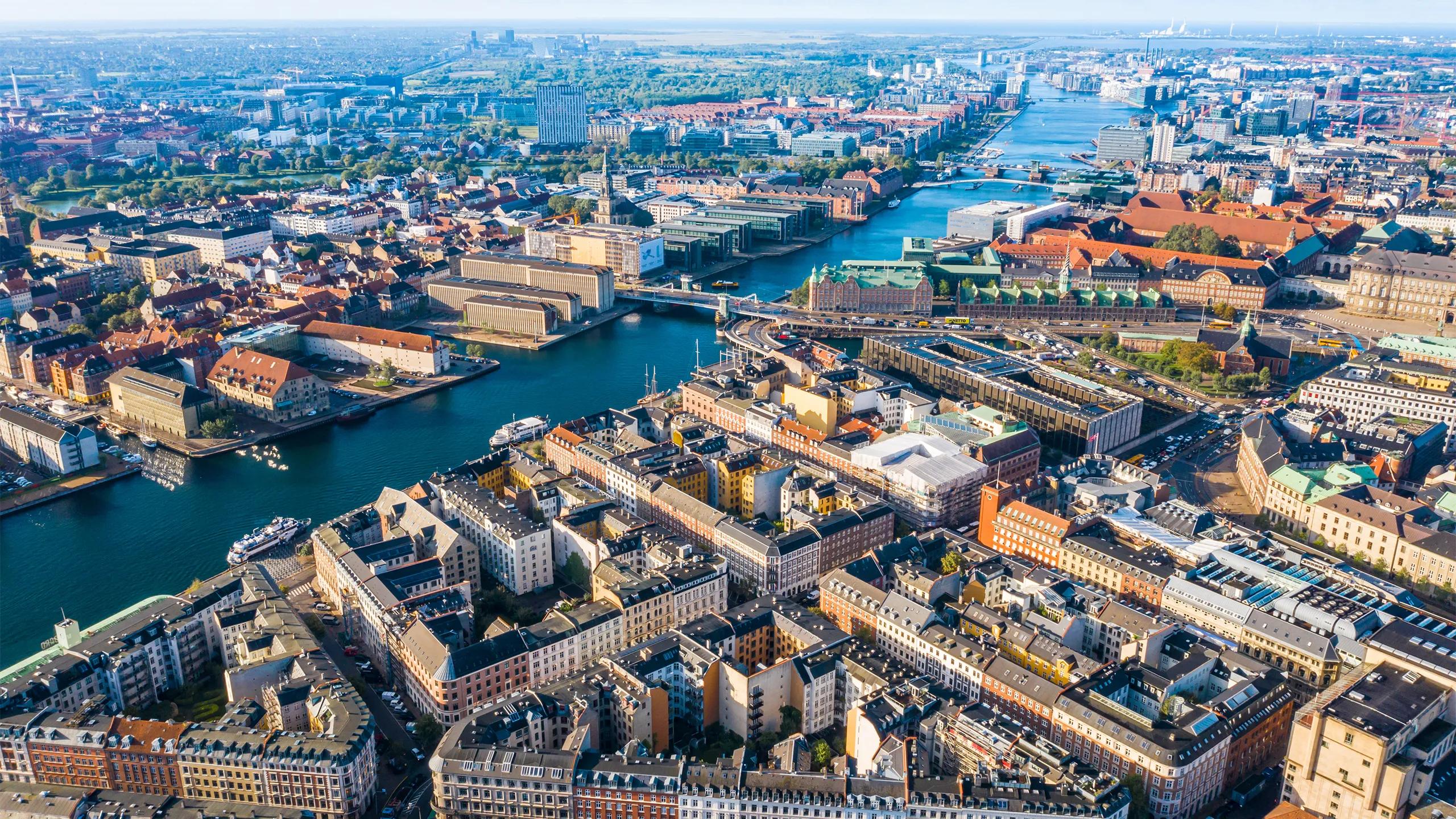 Copenhagen, Denmark. New Harbour canal and entertainment famous street. Aerial shoot view.