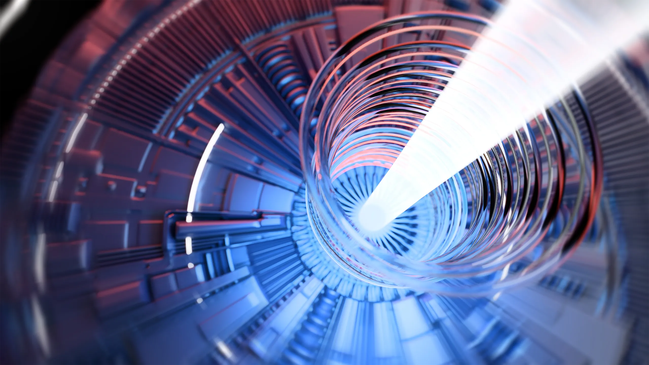 Abstract Nuclear Reactor - 3d render image of nuclear fusion reactor, tokamak magnetic field to confine plasma in the shape of a torus. Toroidal shape, clean energy. Concept of future energy concept as a small modular nuclear reactor (SMR) power plant