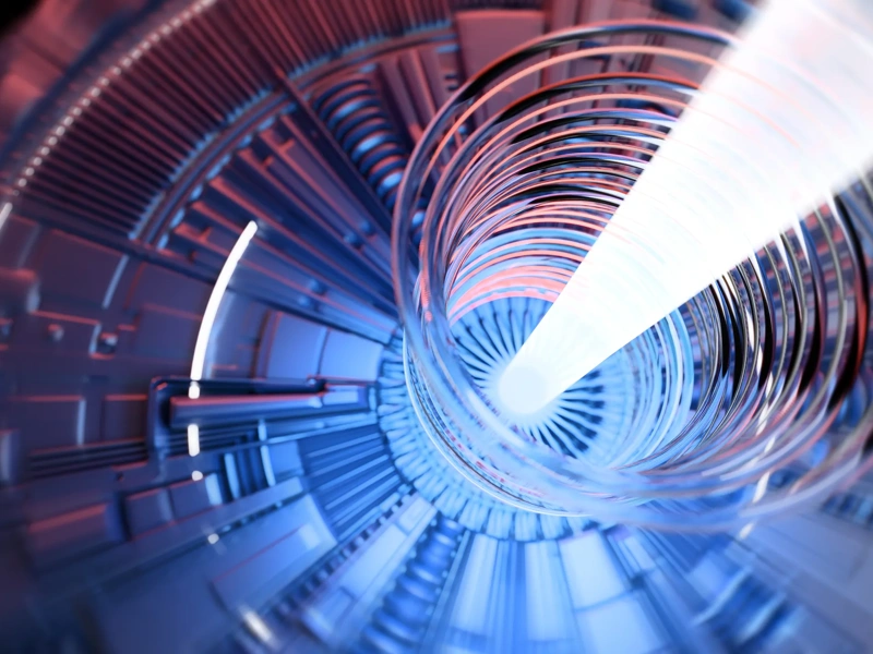 Abstract Nuclear Reactor - 3d render image of nuclear fusion reactor, tokamak magnetic field to confine plasma in the shape of a torus. Toroidal shape, clean energy. Concept of future energy concept as a small modular nuclear reactor (SMR) power plant