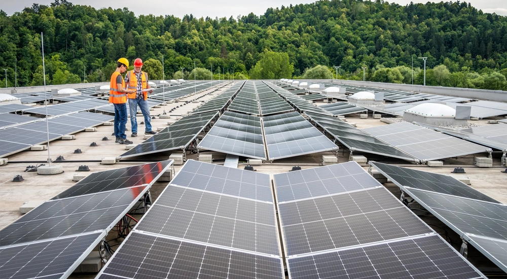 Two engineers, wearing safety vests and hard hats, adjust solar panels on a rooftop surrounded by greenery, focusing on renewable energy solutions.
