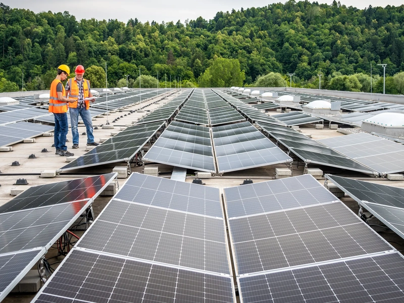 Two engineers, wearing safety vests and hard hats, adjust solar panels on a rooftop surrounded by greenery, focusing on renewable energy solutions.