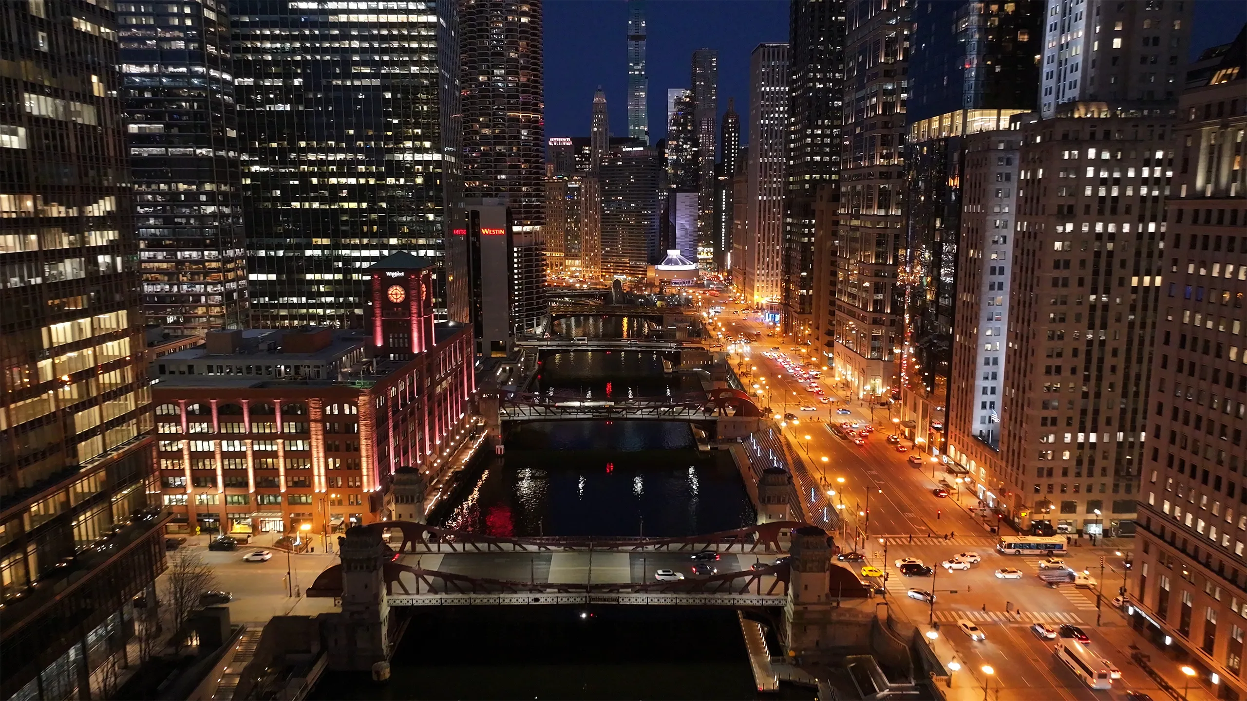 Night Chicago Skyline At Chicago In Illinois United States. Illuminated Downtown. City At Night Landscape. Chicago At Illinois United States. Chicago City District. City Skyline Scene.