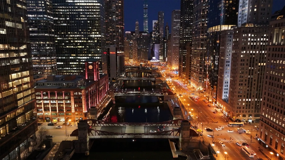 Night Chicago Skyline At Chicago In Illinois United States. Illuminated Downtown. City At Night Landscape. Chicago At Illinois United States. Chicago City District. City Skyline Scene.
