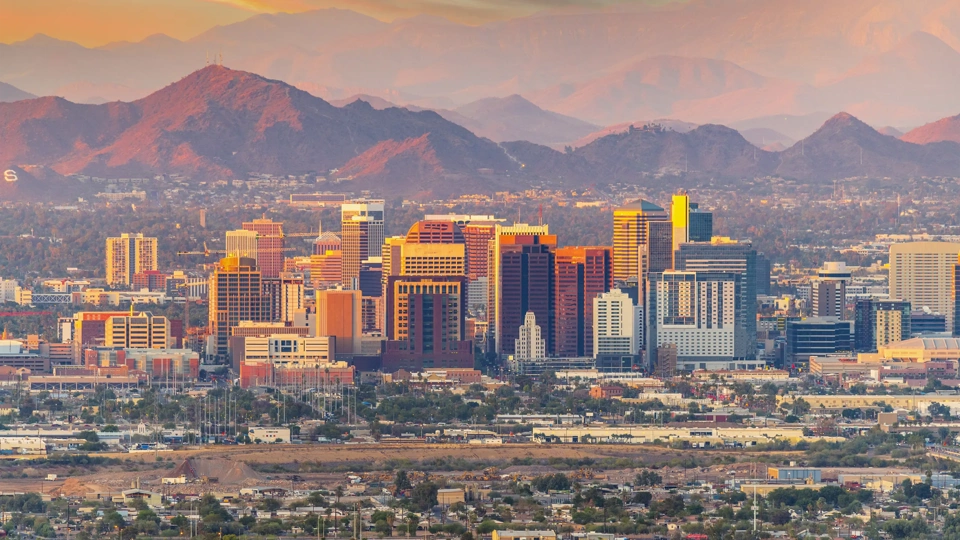 Phoenix, Arizona skyline at dusk stock photo