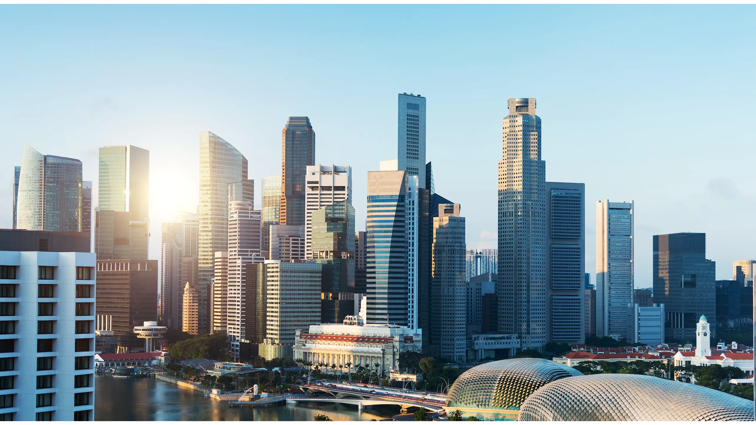 View of Singapore business district in a sunny day