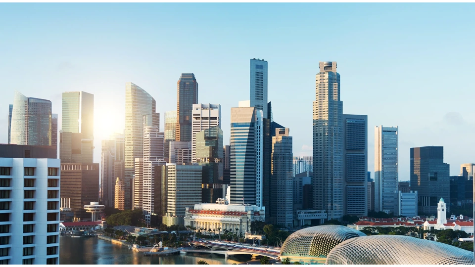 View of Singapore business district in a sunny day