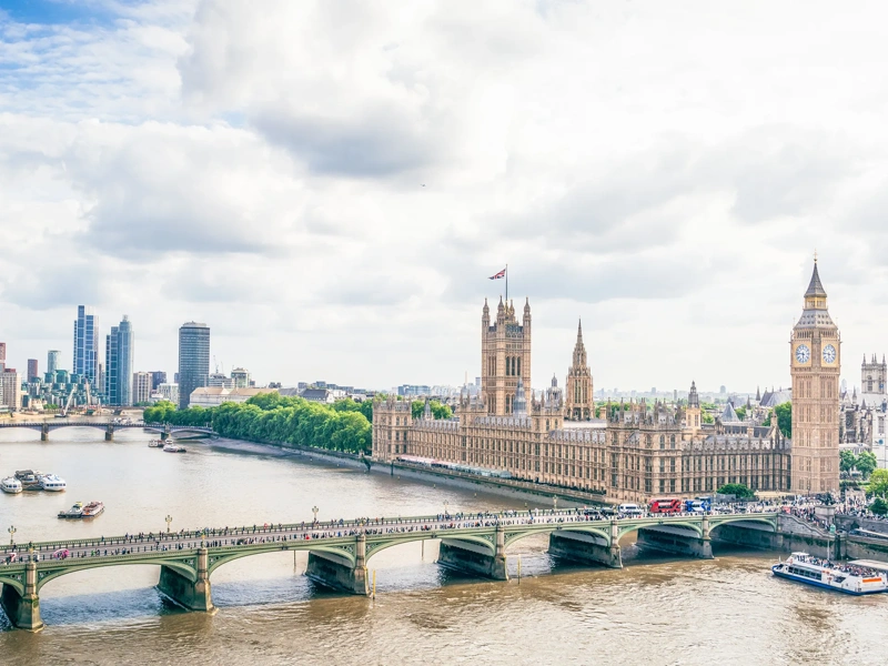 A high angle view of Westminster in central London, with Westminster Bridge across the Thames, leading to Big Ben and the Houses of Parliament.