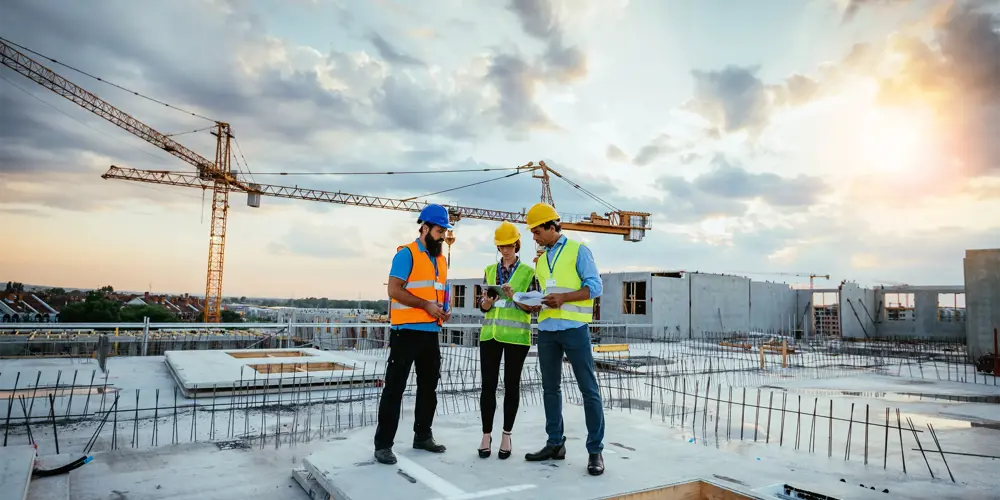 Employees working on construction site, wearing protective equipment and discussing next construction phase