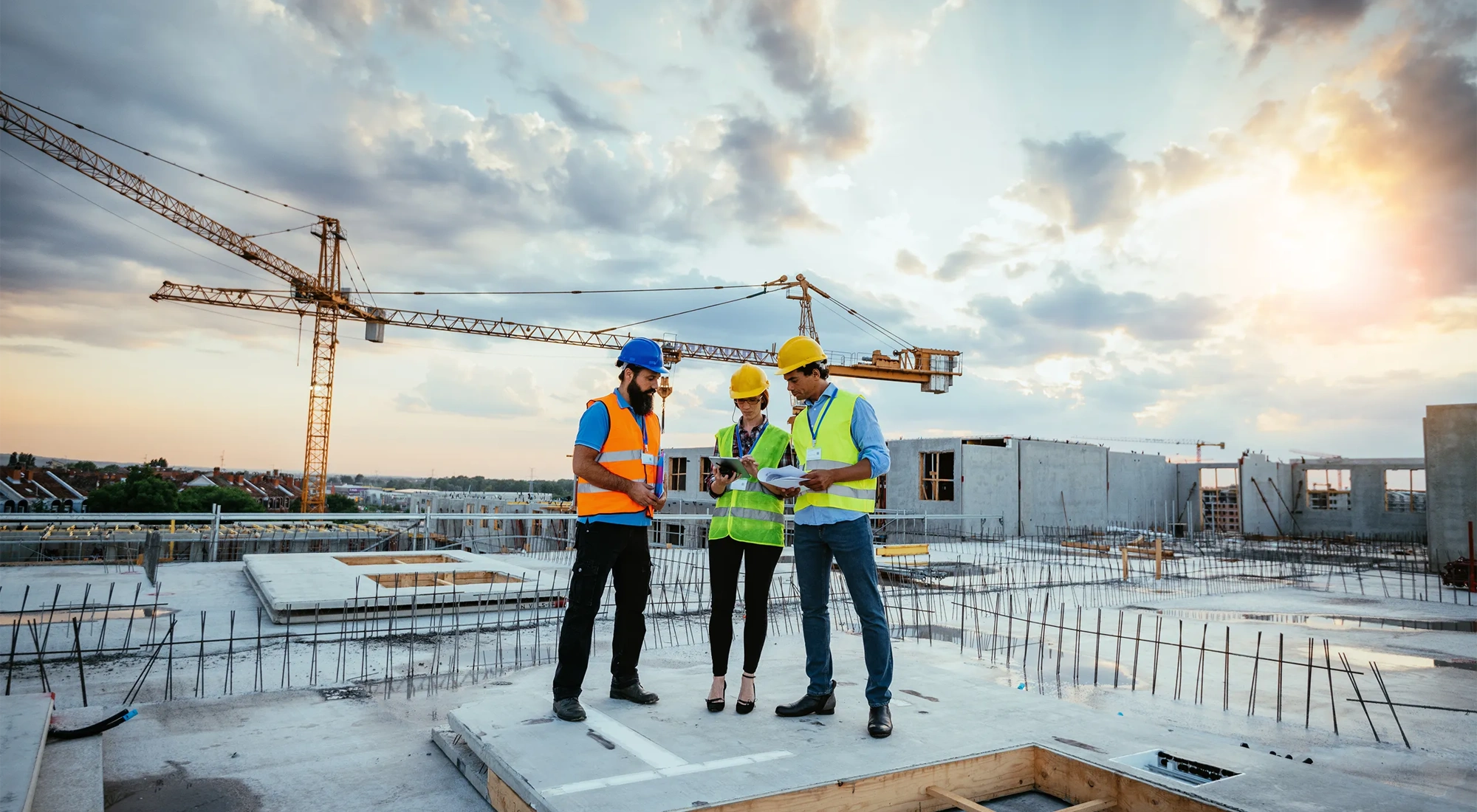 Employees working on construction site, wearing protective equipment and discussing next construction phase