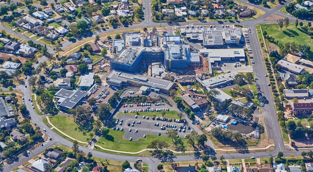 An aerial shot of the Griffith Base Hospital Redevelopment in Australia