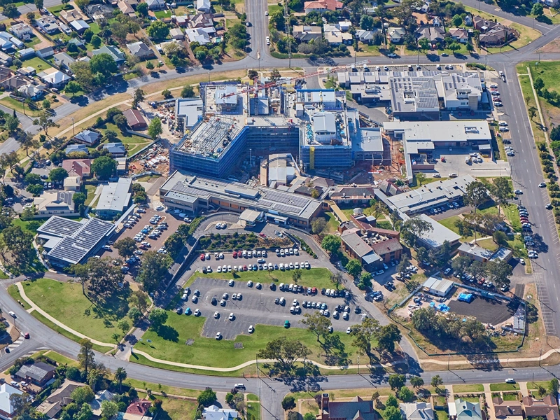 An aerial shot of the Griffith Base Hospital Redevelopment in Australia