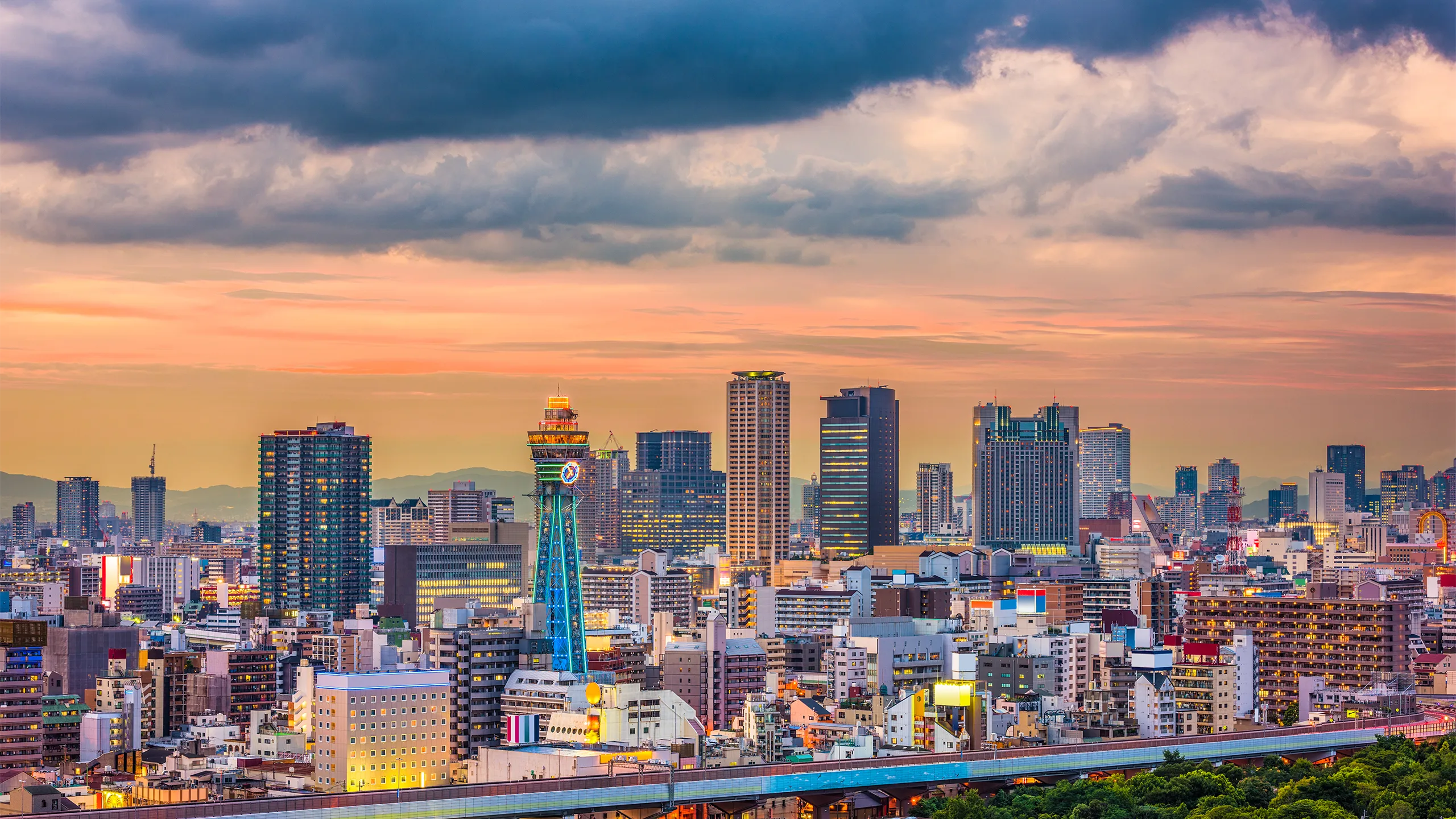 Osaka, Japan downtown cityscape in the Umeda District at twilight.