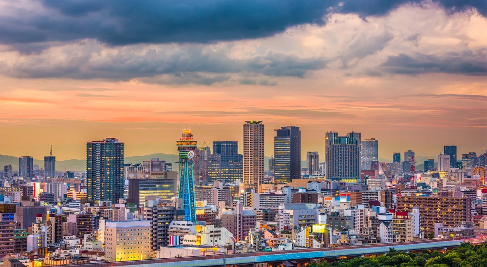 Osaka, Japan downtown cityscape in the Umeda District at twilight.