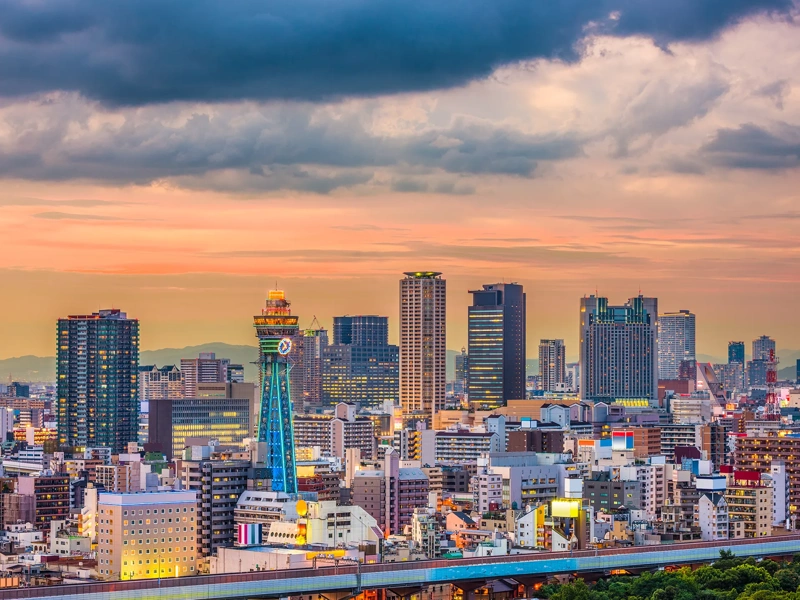 Osaka, Japan downtown cityscape in the Umeda District at twilight.