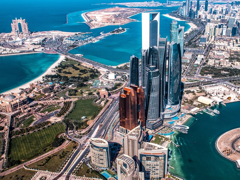 Wonders of modern architecture in Abu Dhabi, United Arab Emirates, taken from a helicopter high above the city.