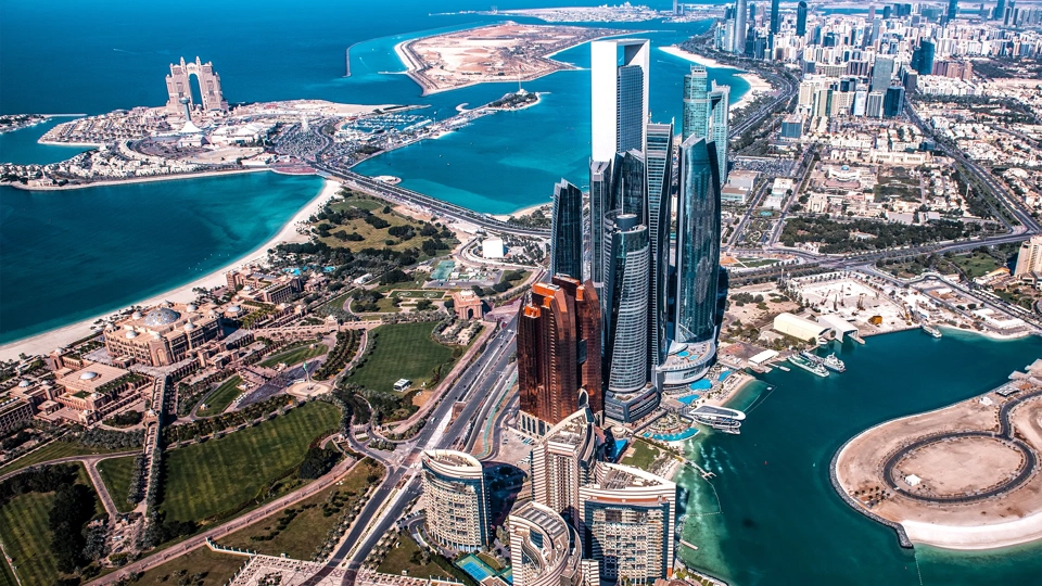 Wonders of modern architecture in Abu Dhabi, United Arab Emirates, taken from a helicopter high above the city.