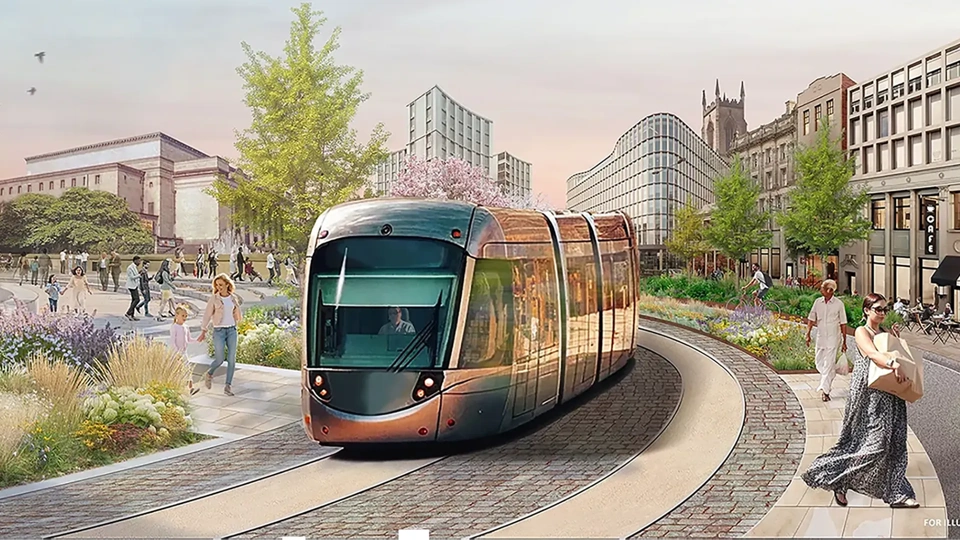 A modern train travels along a curved track in a vibrant urban setting. The surrounding area features beautifully landscaped gardens with colourful flowers and trees. Pedestrians are walking and enjoying the scenery, and a couple is seen riding bicycles. The background showcases a mix of historical and contemporary buildings, including a church with a tall spire. The scene is lively, with people engaging in various activities, reflecting a harmonious blend of nature and urban life.