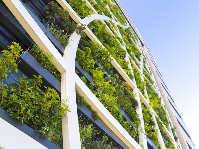 Exterior of tall building with green foliage