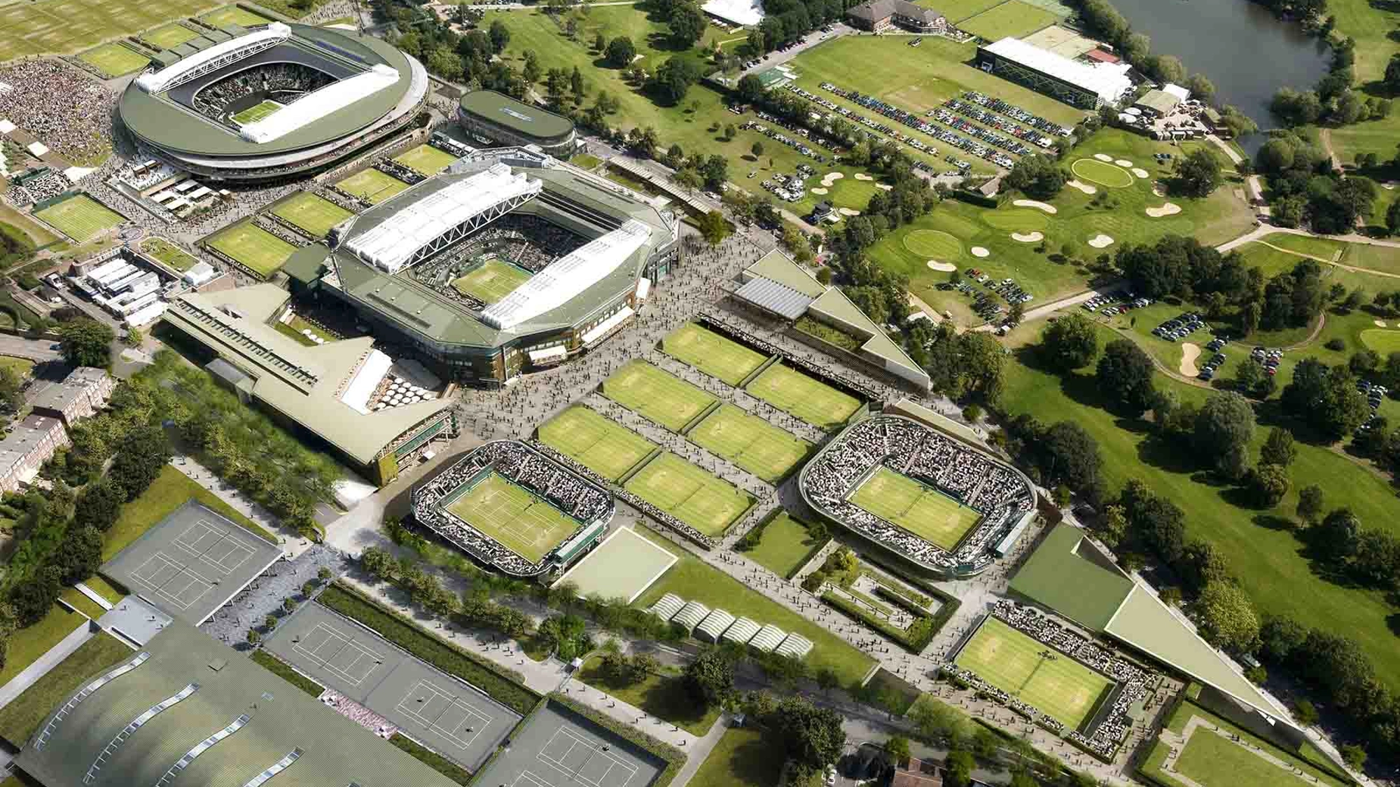 An aerial shot of Wimbledon tennis courts, including Centre Court and surrounding green areas.