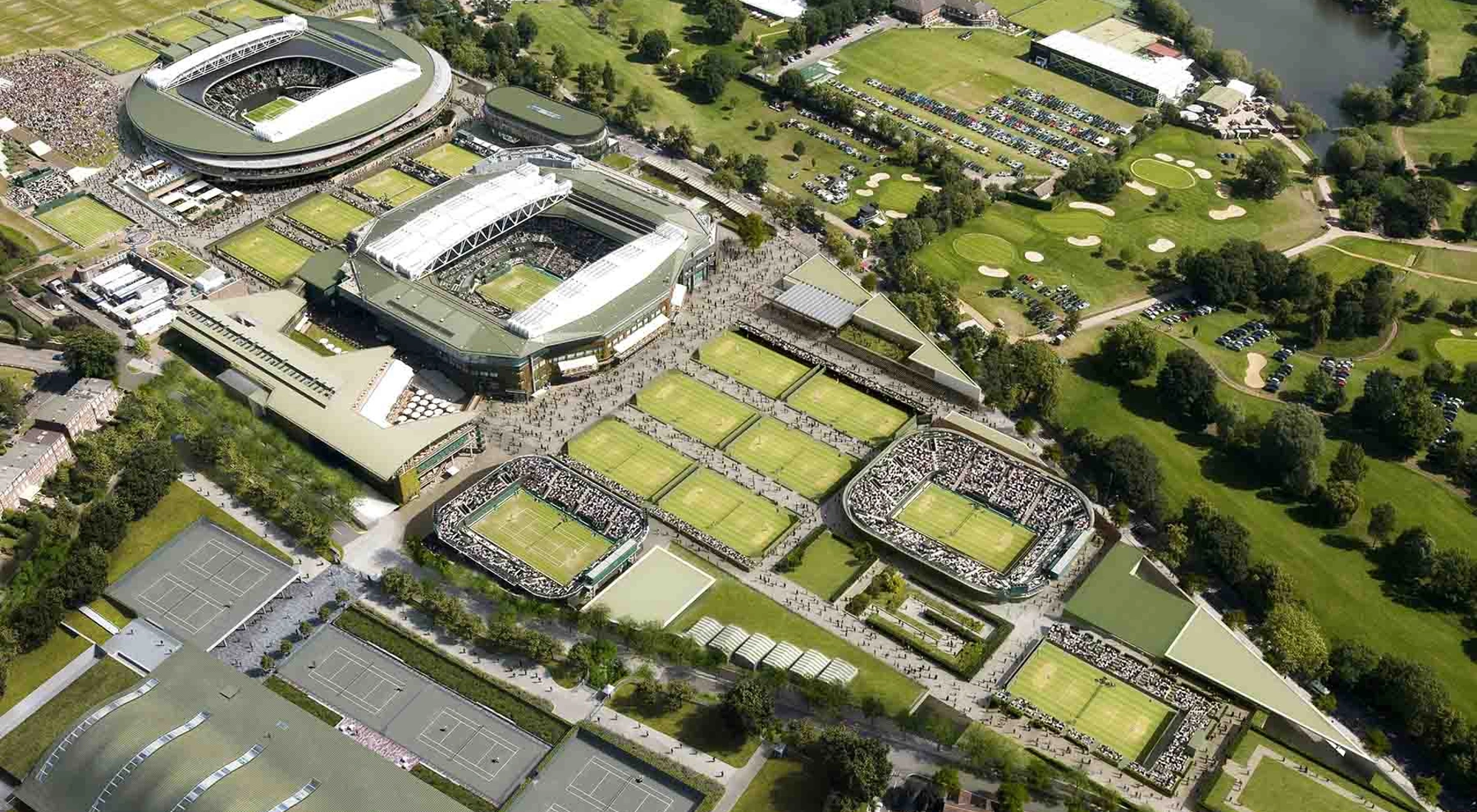 An aerial shot of Wimbledon tennis courts, including Centre Court and surrounding green areas.