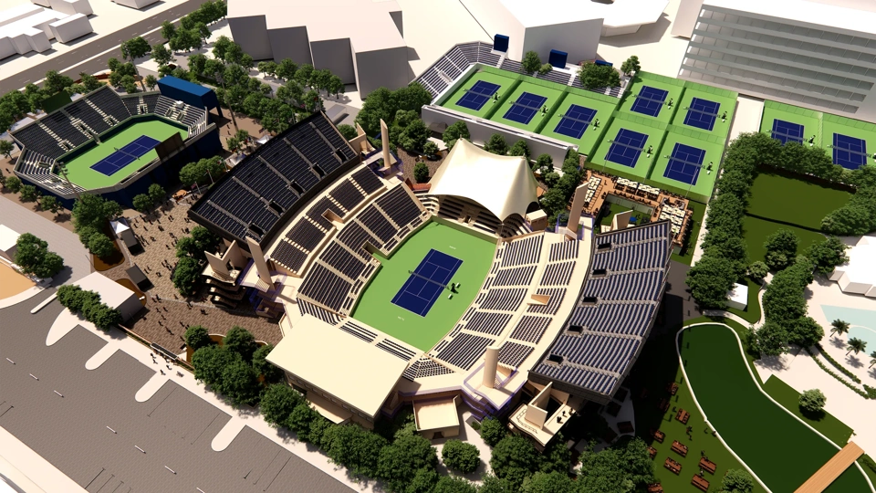 3D architectural rendering of a modern tennis complex featuring a central stadium court with tiered seating, multiple surrounding tennis courts, green roofs with solar panels and landscaped areas.