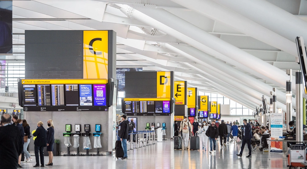 Check-in area at Heathrow Airport, UK.