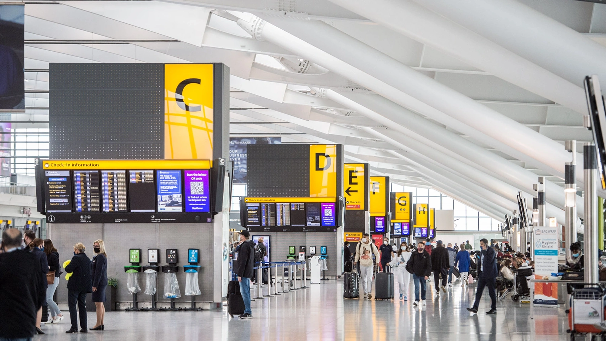 Check-in area at Heathrow Airport, UK.
