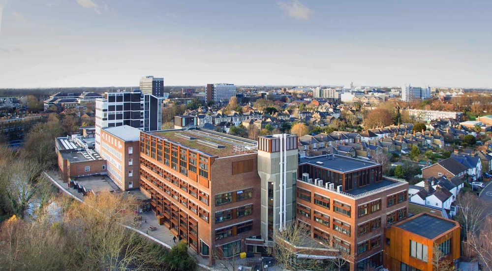Birdseye view of brown and white buildings and houses