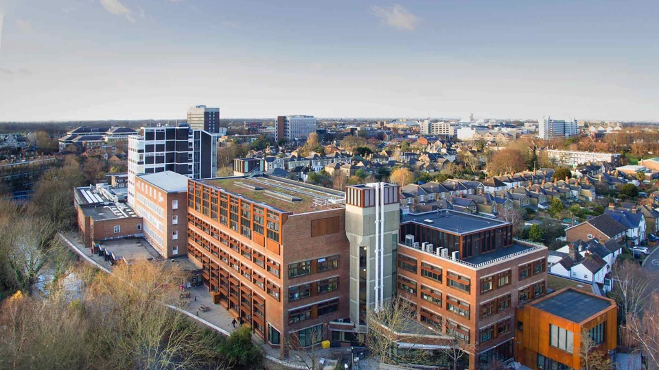 Birdseye view of brown and white buildings and houses