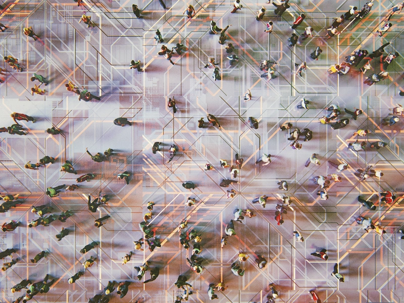Birdseye view of people with digital pattern overlaid