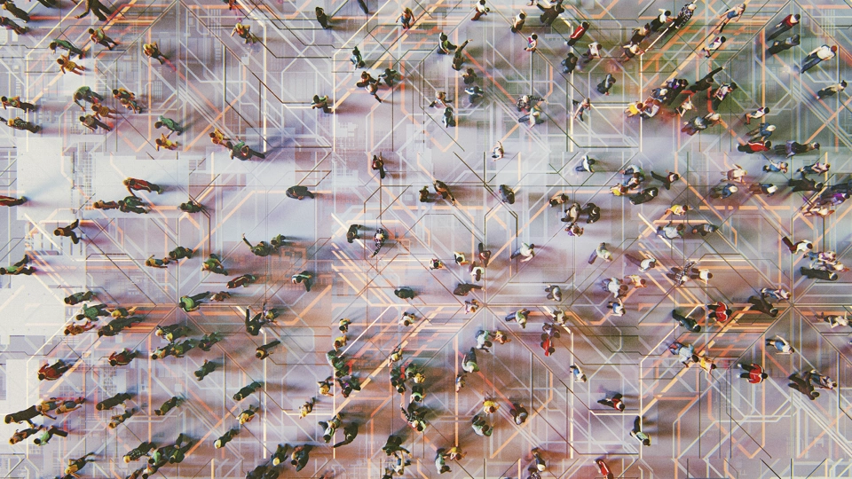 Birdseye view of people with digital pattern overlaid