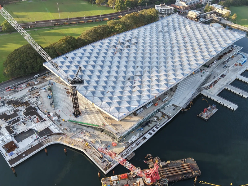 Aerial of redeveloped Sydney Fish Market at Blackwattle Bay, Sydney, Australia