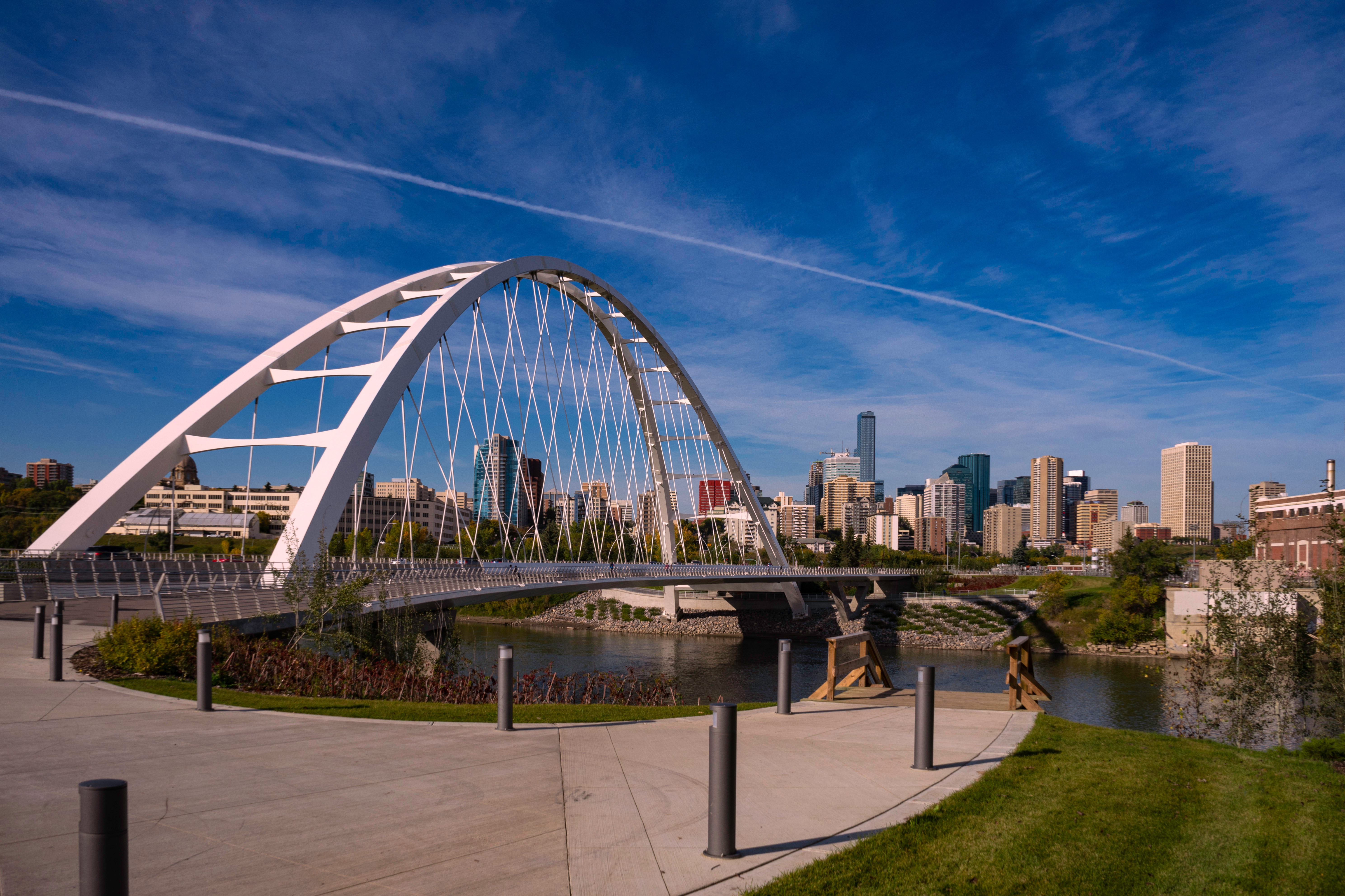 Walterdale suspension bridge in downtown Edmonton, Alberta, Canada. Taken on sunny day in early fall.