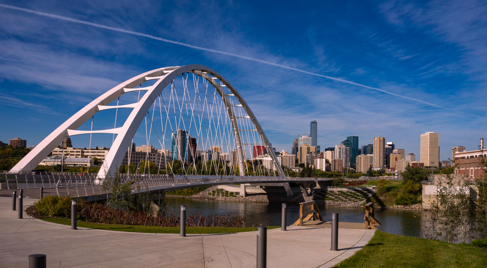 Walterdale suspension bridge in downtown Edmonton, Alberta, Canada. Taken on sunny day in early fall.