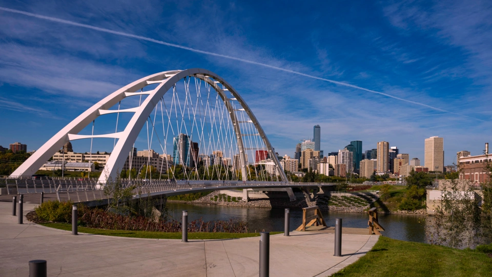 Walterdale suspension bridge in downtown Edmonton, Alberta, Canada. Taken on sunny day in early fall.