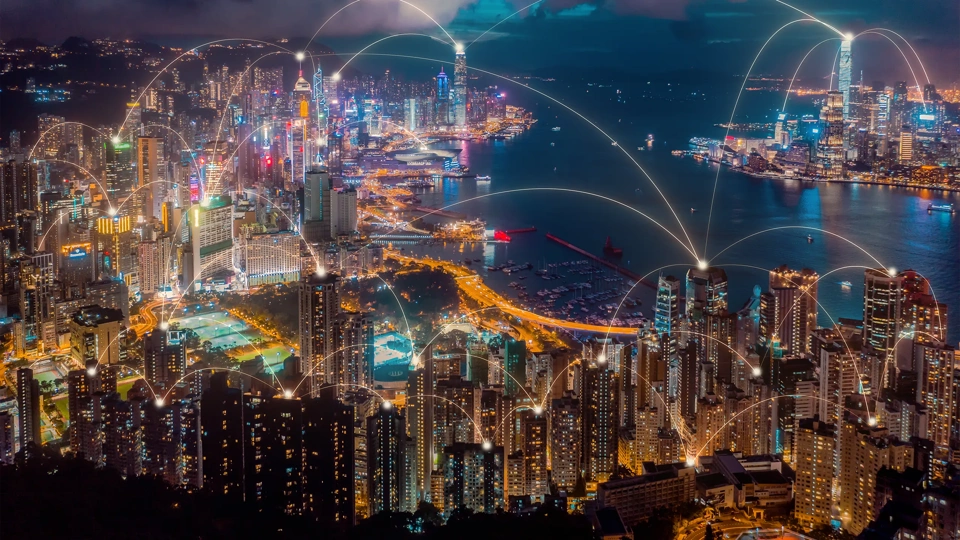 Aerial view of Hong Kong city with connection network technology. Wireless network global communication internet of thing smart city concept big data