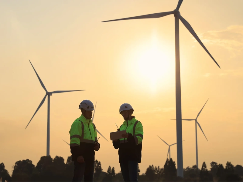 In silhouette two engineers planning maintenance on wind turbine equipment monitoring through digital device at windmill turbine farm