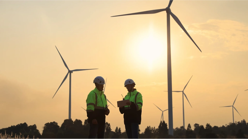 In silhouette two engineers planning maintenance on wind turbine equipment monitoring through digital device at windmill turbine farm