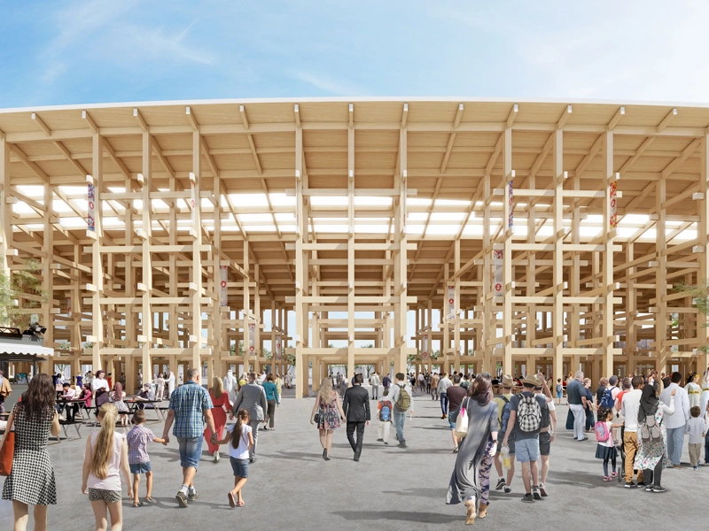 Rendered image of entrance to exhibition centre with crowds of people and a cafe to the left